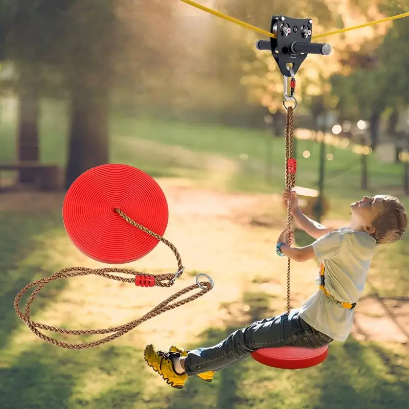 

Garden Zip Line Set With Safety Strap Pulley & Seat Outdoor Playground Zip Line Kit for Family Fun