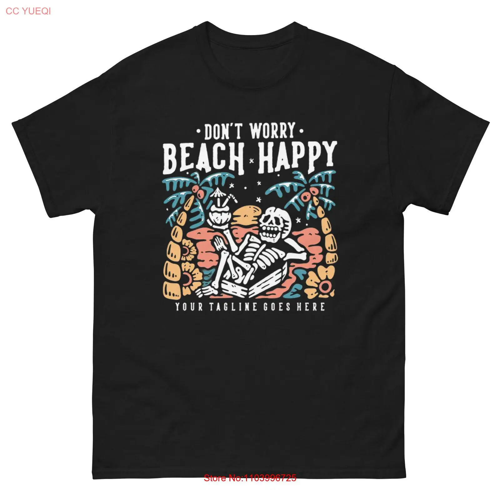 Don't Worry Beach Happy Men Classic Tee Skeleton Lying on Coffin Graphic T-Shirt