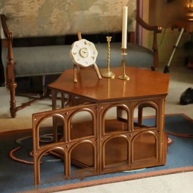 

Solid wood hollow tea table hexagonal retro solid wood home side table corner table