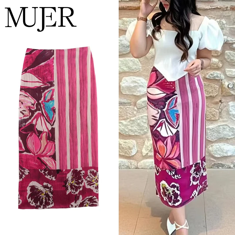 

MUJER Print Long Skirts for Women Satin Summer Women's Skirt Cylinder High Waist Midi Skirt Woman Vintage Straight Skirt Women
