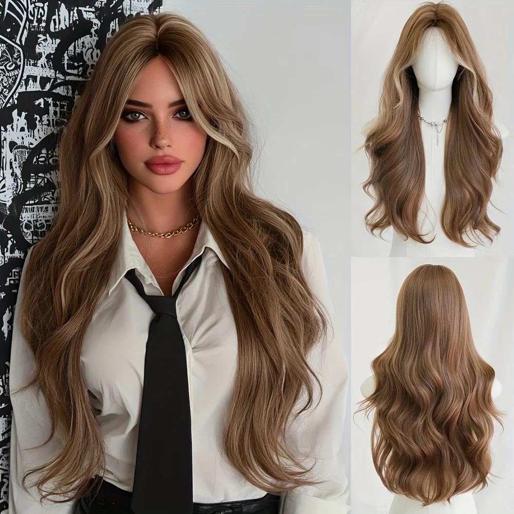 Women wear long wavy warm brown wigs every day, fashionable medium brown wigs, curtained bangs, Cosplay party wigs