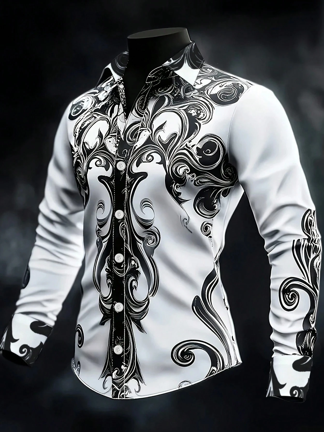Men White Base Black Baroque Scroll Print Long Sleeve Shirt Turn‑down Collar Button Up Party Nightclub Dress Shirts