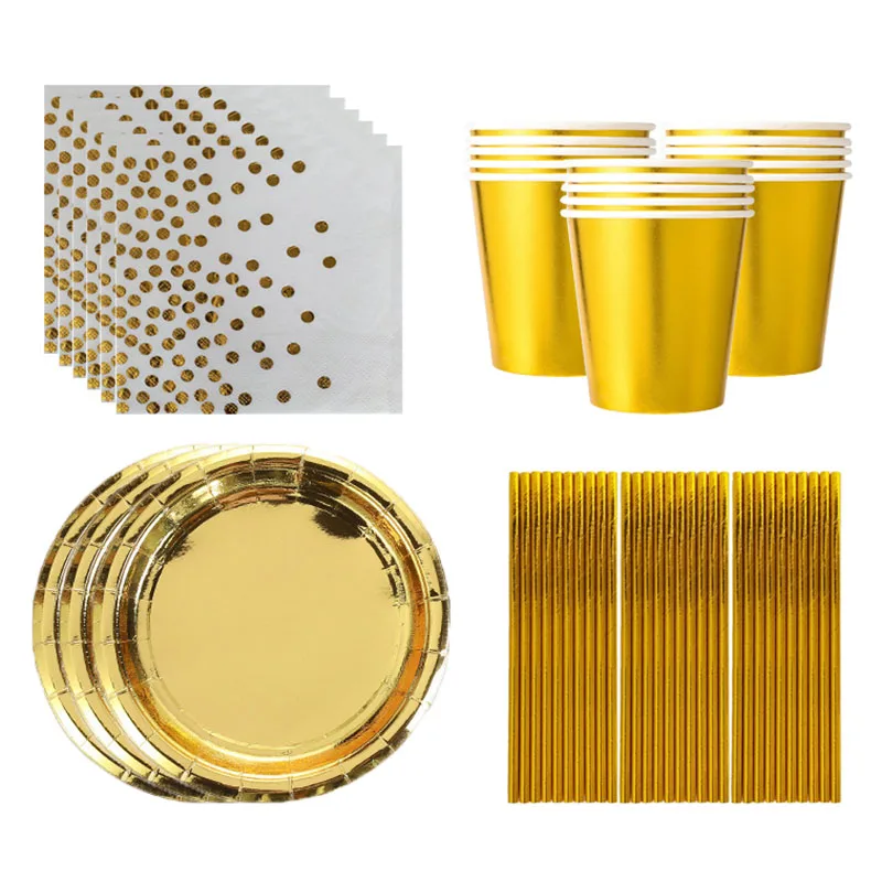 

Gold Wedding Disposable Paper Plate Cups Straw napkins cake stand Tableware for Adult Kids Birthday Party Supplies Gold decor