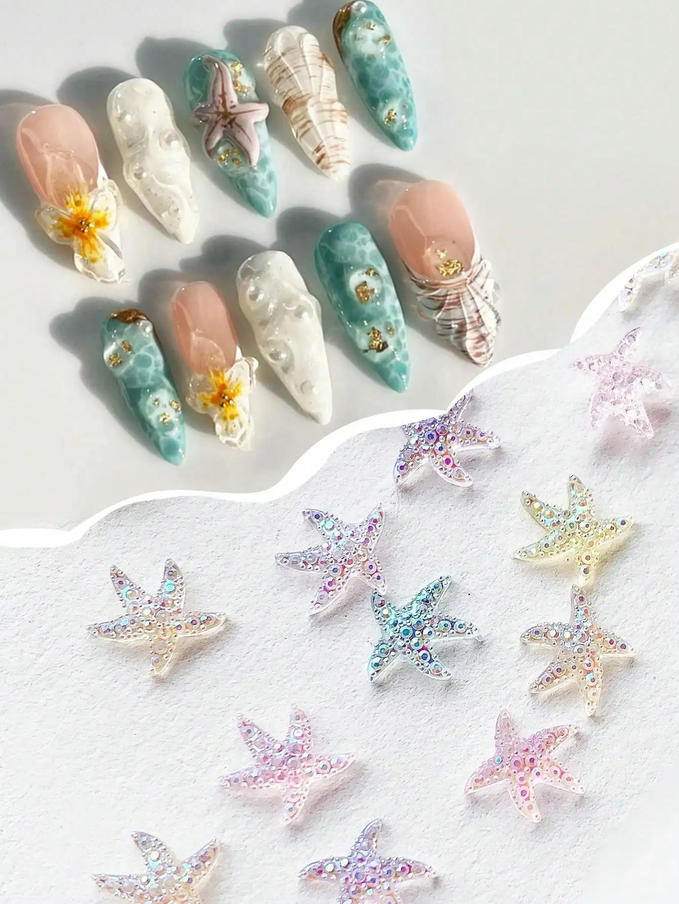 50pcs Summer Blue Ocean Elements Sea Star Shell 3D Nail Art Decoration, Random Color Crystal Carved Nail Jewelry, Face Decor