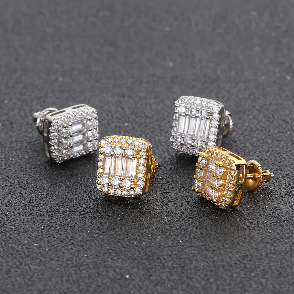 

Hip Hop Fashion Luxury Rectangle 3A Cubic Zirconia Iced Out Stud Earrings For Women