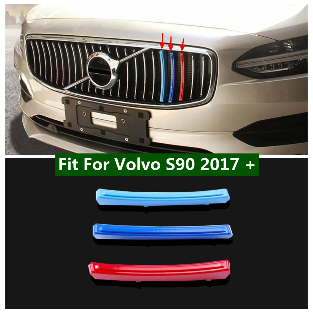 Tri-Color Grille Insert Front Center Grille Strips Bar Decoration Cover Trim Fit For Volvo S90 2017 - 2019 Car Accessories