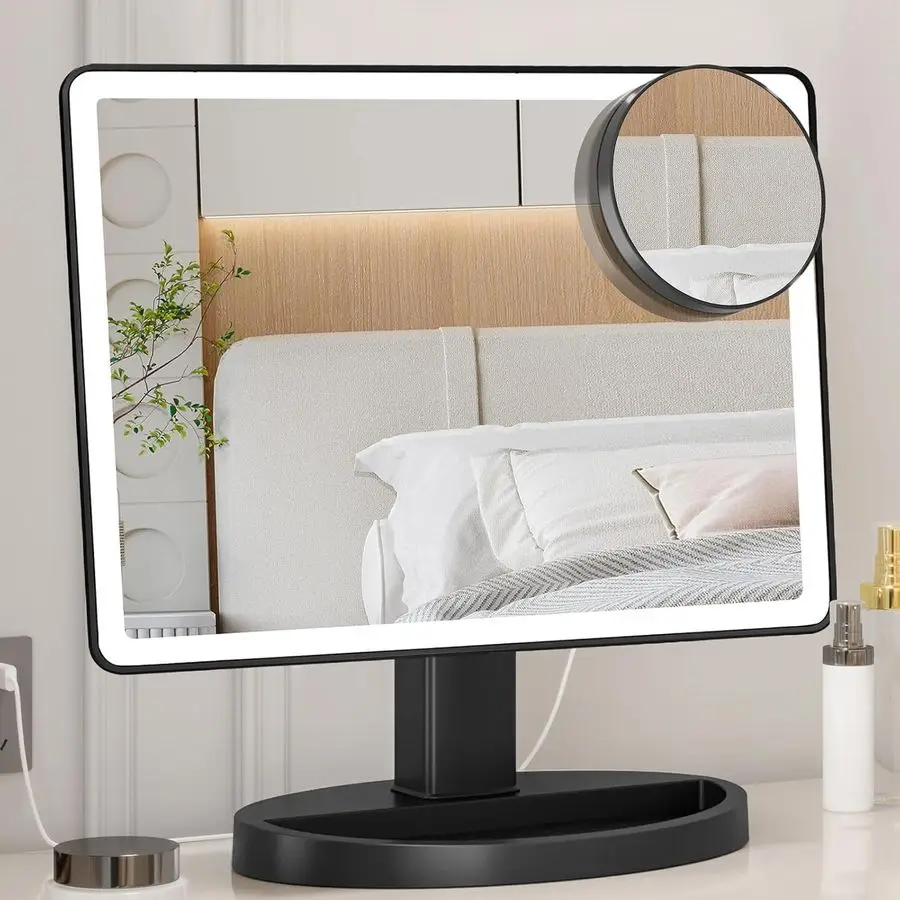Grand miroir de maquillage éclairé avec lumières, 3 modes d'éclairage de couleur, miroir lumineux avec 88 LED, grossissement 10X et rotation à 360 degrés