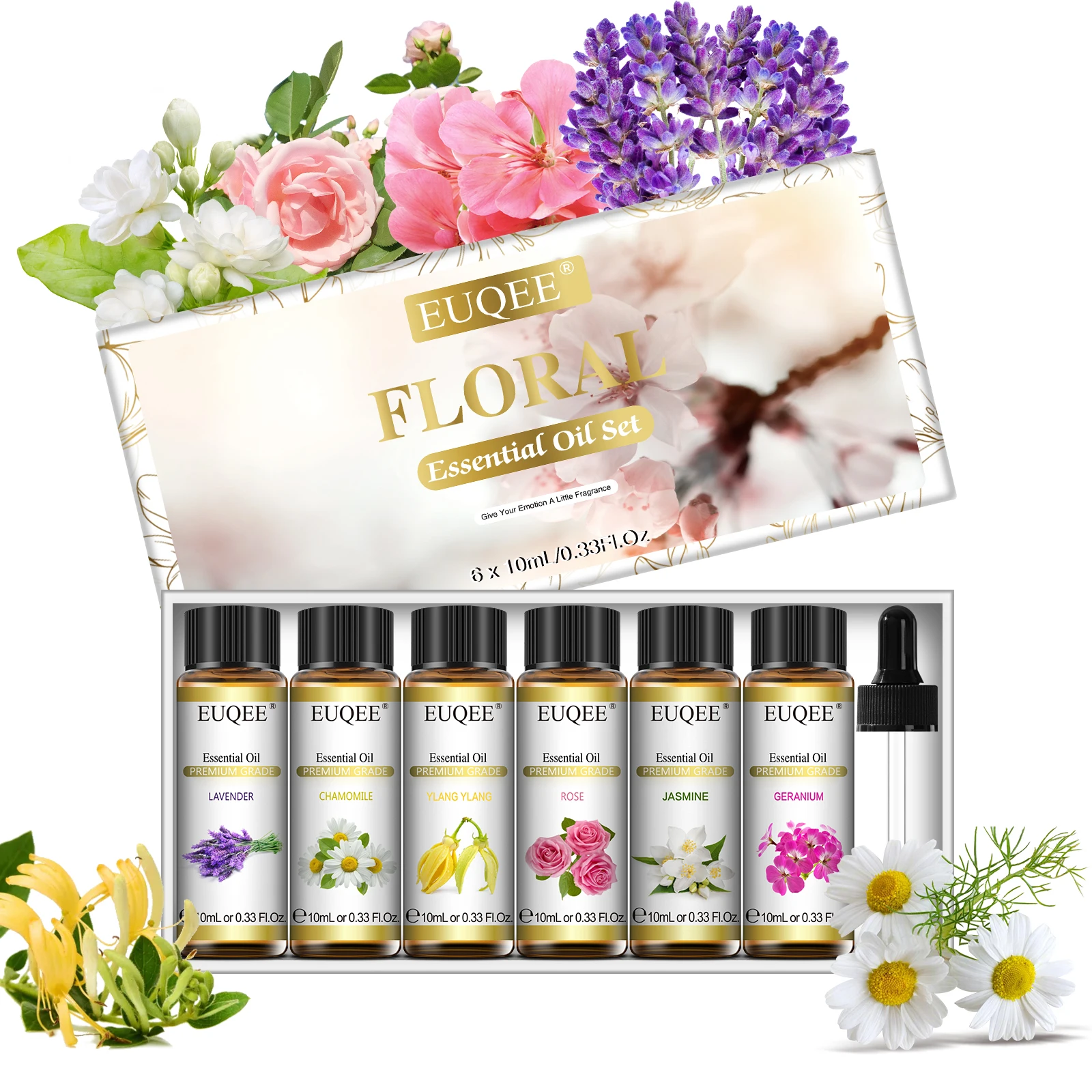 EUQEE 10ml*6pcs Essential Oil Set (Lavender Jasmine Rose Ylang Ylang Chamomile Geranium )-Pure Natural Aromatherapy Oils