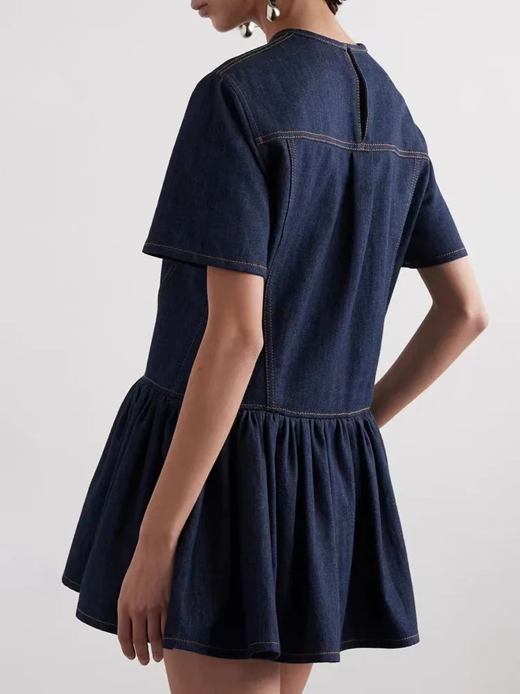 Skirt spring and summer simple tie round neck short sleeve denim mini short dresses2024temperament chic and elegant woman dress