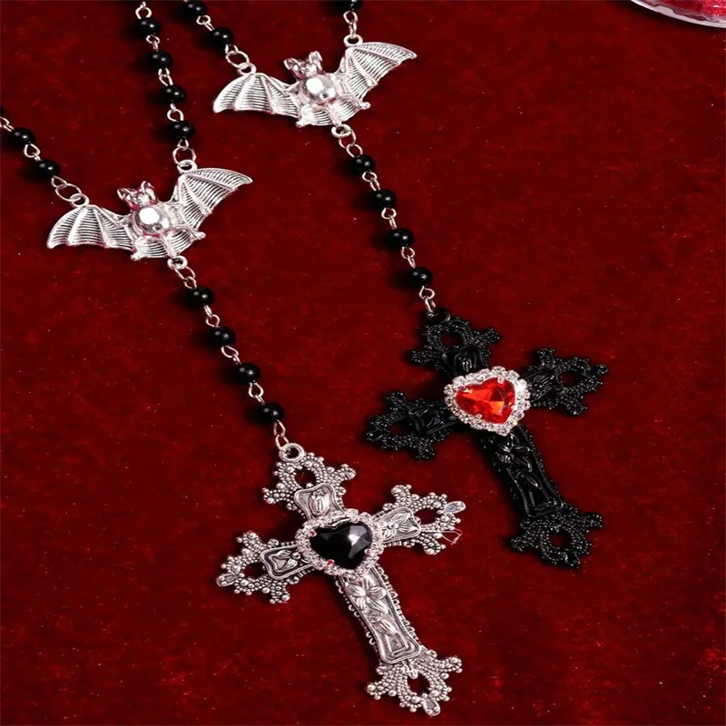 Vintage gotycki styl różaniec naszyjnik wiktoriański krzyż nietoperz serce cyrkonia zroszony długi wisiorek Goth ręcznie robiona biżuteria kreatywność