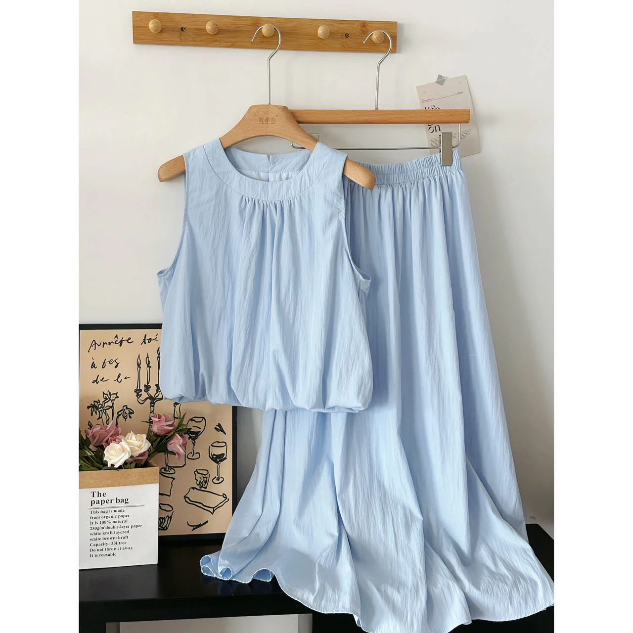 

Summer Solid Color Skirt Two-piece Set Pleated Camisole A-line Skirts Women 2 Pieces Suit Casual Fashion Korean Girls Sets