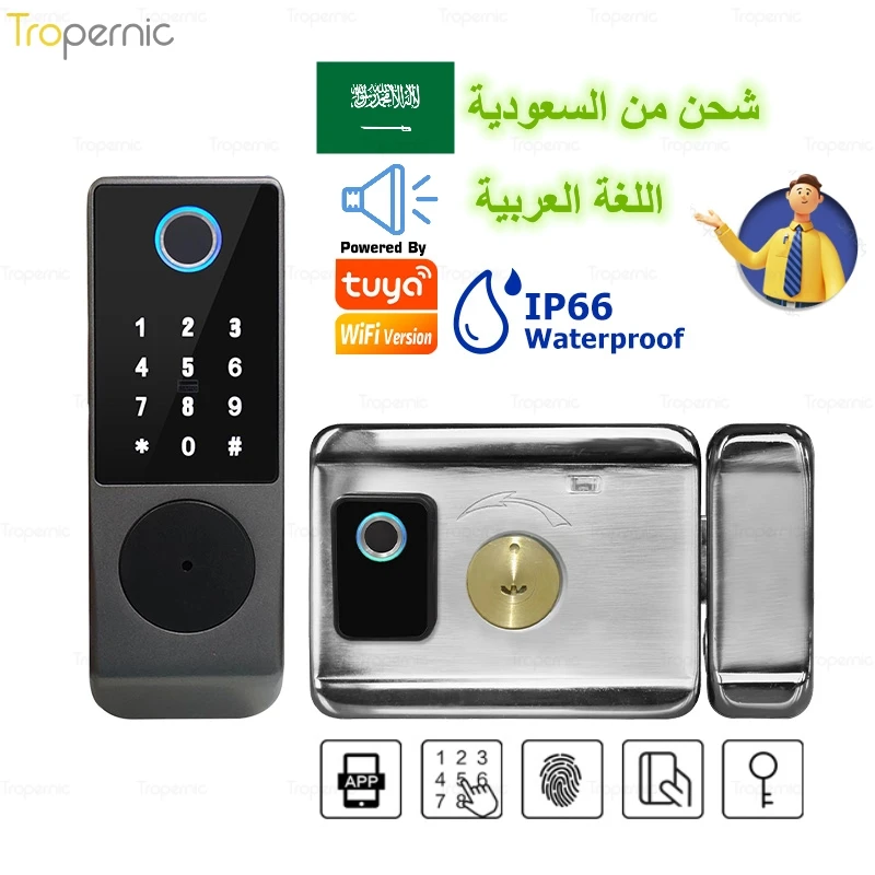 Tuya Wifi APP control Double-Sided Fingerprint Lock Password IC card and key unlock smart lock With Waterproof cover door lock