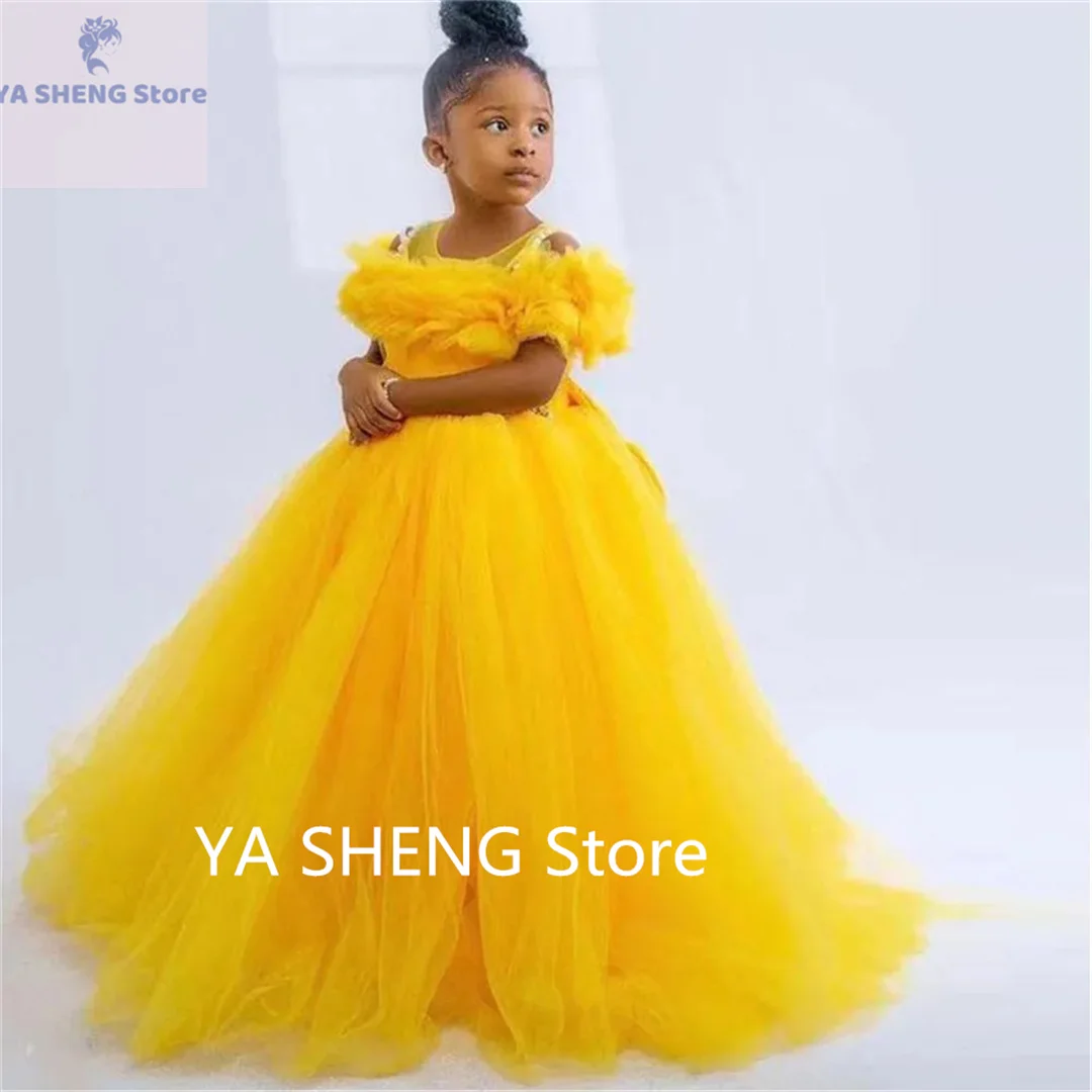 

Flower Girl Dress For Wedding Sequin Tulle Puffy Sleeveless Open Back Princess Kids Birthday Party First Communion Ball Gowns