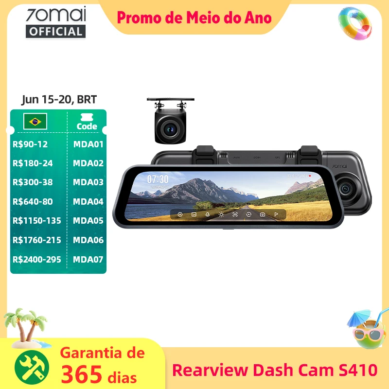 70mai Dash Cam S410 Tela Sensível Ao Toque Visão Completa 1944P GPS Externo 24H Monitor de Estacionamento Frente e Retrodo Carro DVR Espelho 70mai S410