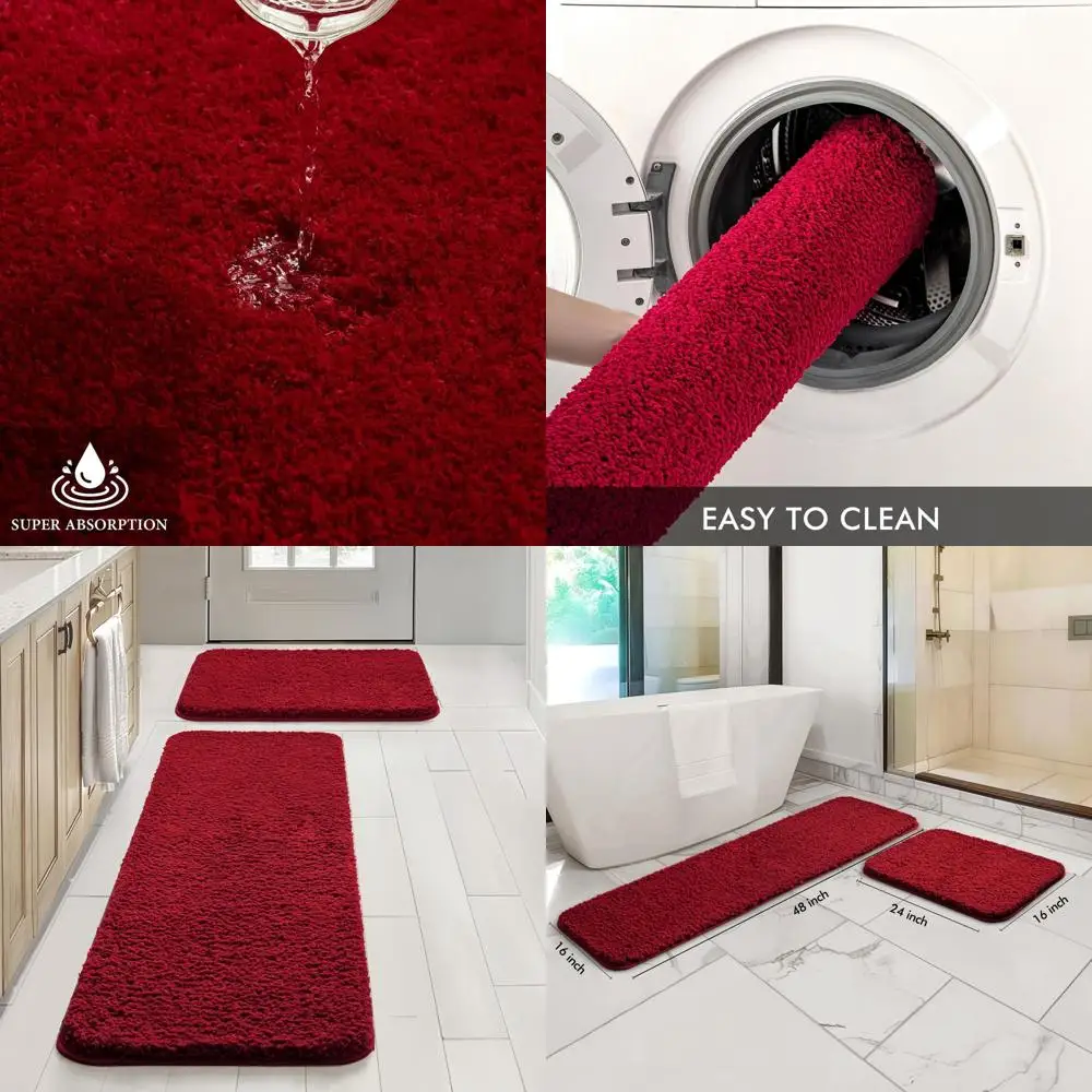 

Extra Thick Christmas Red Microfiber Bath Rug Set, Non-Slip, 16x24 + 16x48, Absorbent & Quick Dry