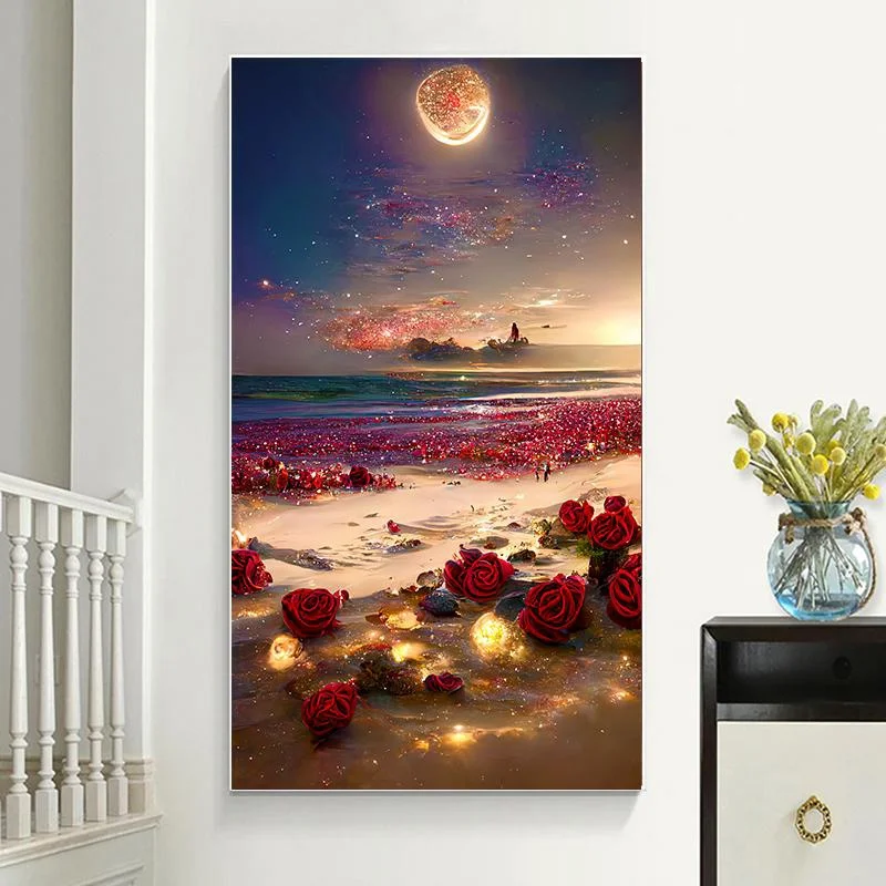 

Romantic Flower Landscape Canvas Painting Wall Art Picture Living Room Bedroom Decorative Paintings, Moon, Rose, Beach, No Frame