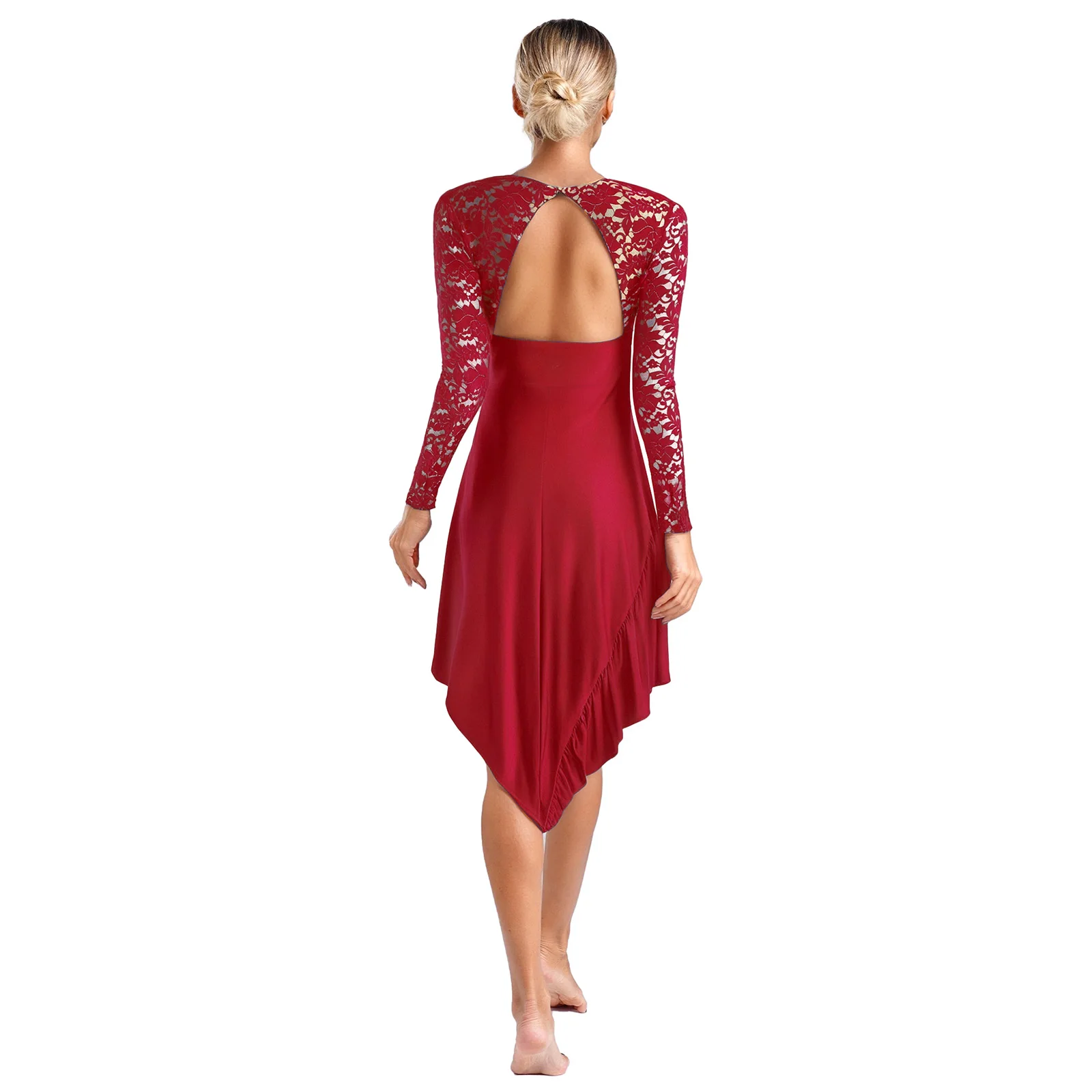 Women Floral Lace Lyrical Ballet Dance Dress Long Sleeve Irregular Ruffled Modern Tango Ballroom Samba Rumba Dancewear Costumes