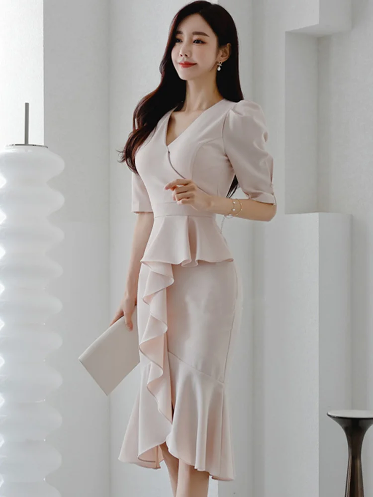 Elegant Office Lady Dress Summer V-Neck Half Sleeve Solid Color High Waistline Ruffled Fishtail Hem Temperament Party Dress