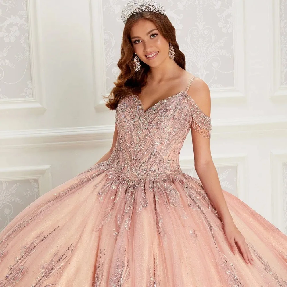 Изящные платья Quinceanera с открытыми плечами, блестящее бальное платье с аппликацией и бисером, розовые мексиканские милые платья 16 лет