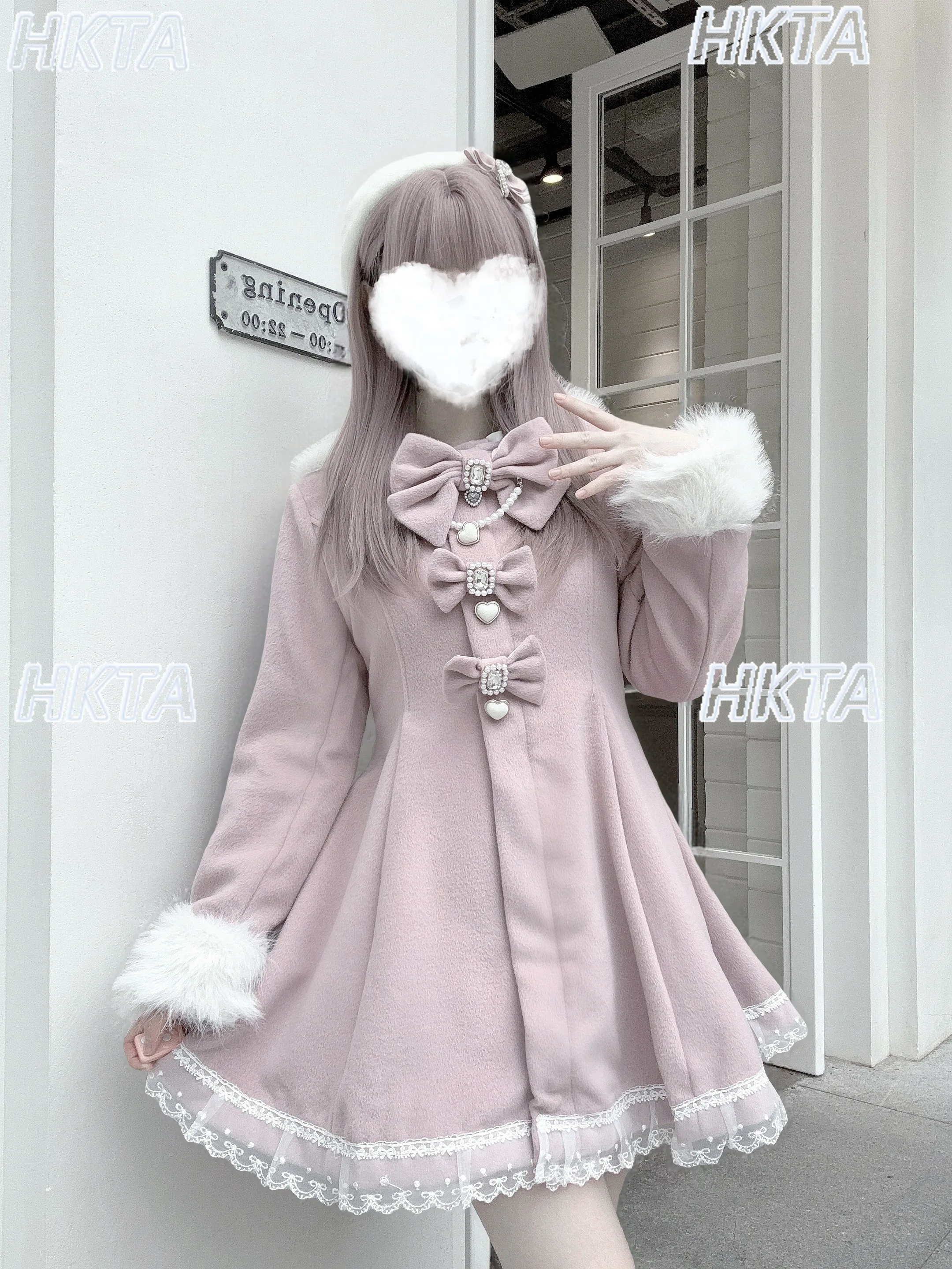 

Japanese Sweet Cartoon Cute Thickened Lolita Woolen Coat Female 2025 New Winter Bow Lace Waist Warm Hooded Long Jacket Women
