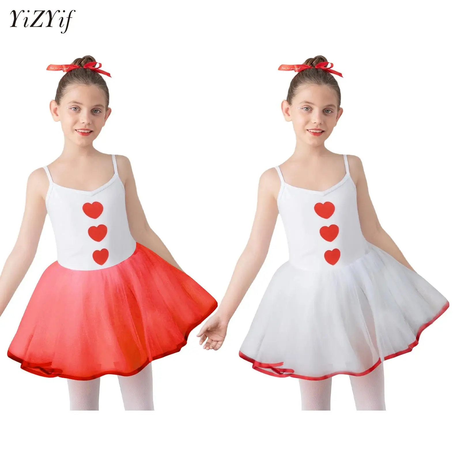 

Ballet Dance Tutu Leotard Girls Dancewear Competition Costume Adjustable Straps Heart Print Dress Ballerina Fairy Party Costumes