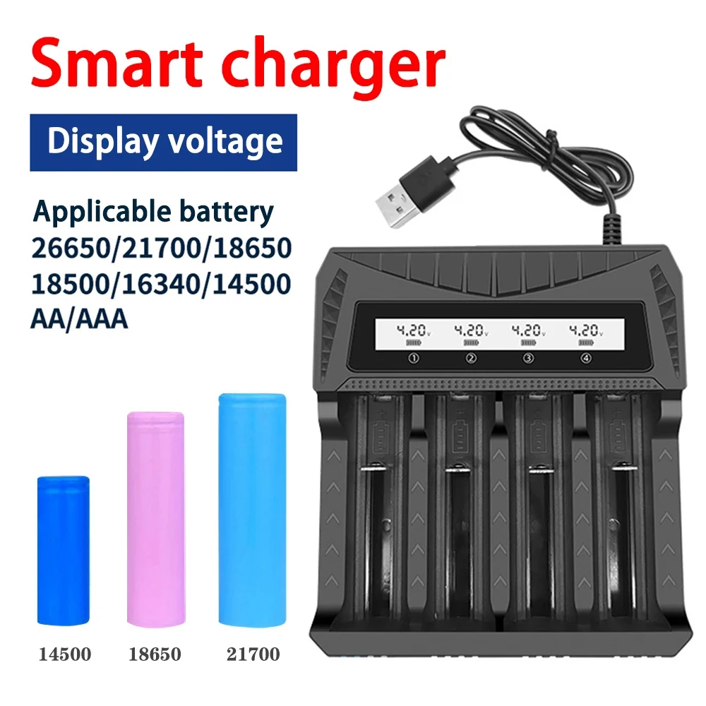 Caricabatteria intelligente con Display digitale per batteria 3.7-4.2V 18650/21700 AA/AAA 1/2/4 slot con protezione da sovraccarico