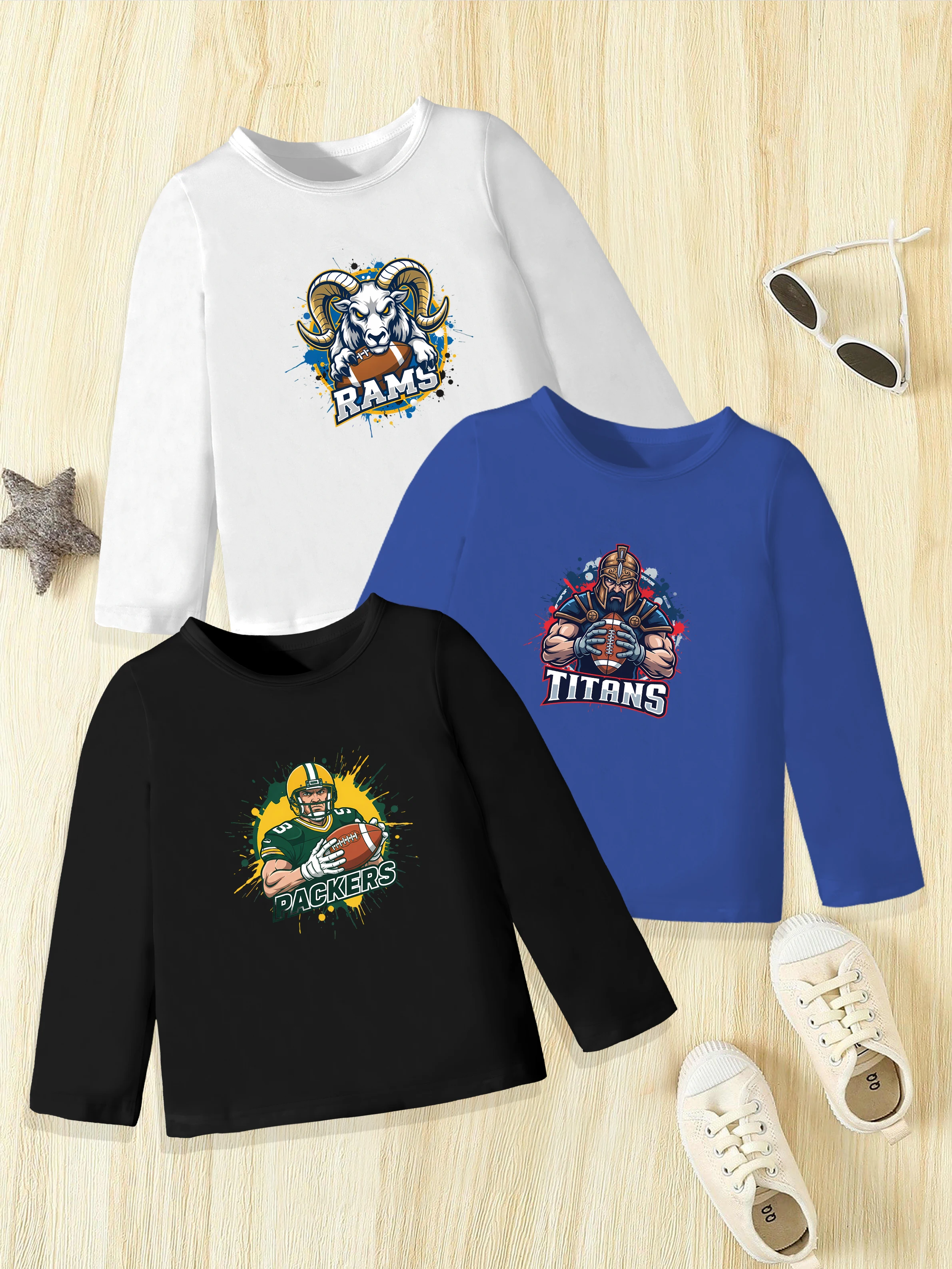 3 piezas: Super Bowl Boys Capa base de otoño Dibujos animados Jugador de rugby Patrón de cabra