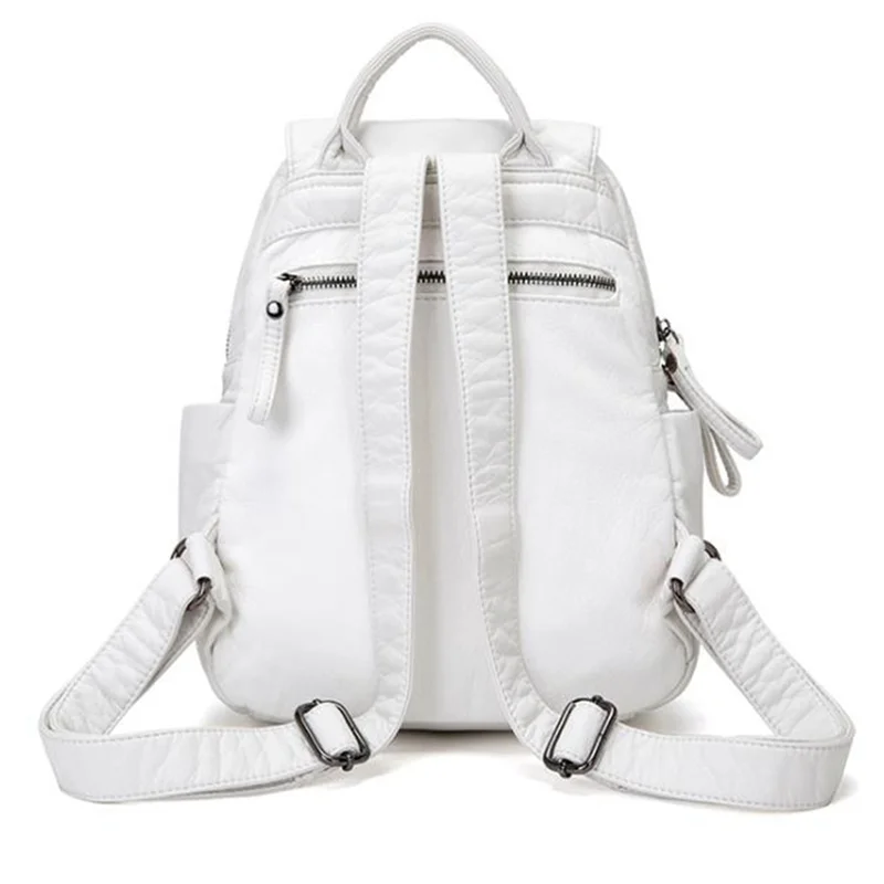【SEE】2X Borsa da scuola casual in morbida pelle da donna Zaino in pelle lavata Borsa da viaggio piccola per ragazza-Bianco