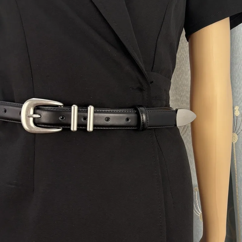 

Повседневный стиль шириной 2,3 см, высококачественный нишевый ремень с серебряной иглой и пряжкой, женские модные джинсовые ремни из натуральной кожи