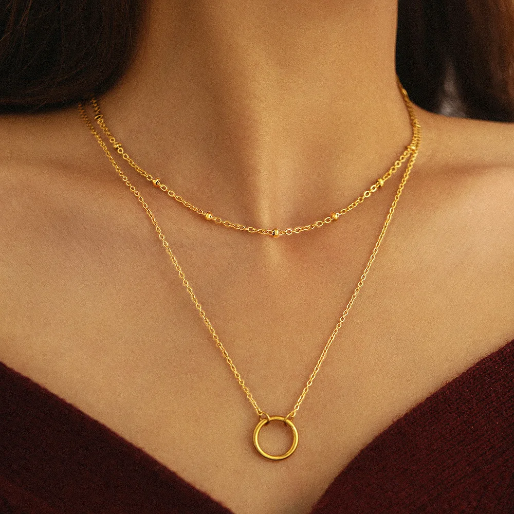 Double Layer Beaded Thin Chain Circle Pendant Necklace 316L Stainless Steel Gold Silver Two Tones Minimalist Geometric Jewelry