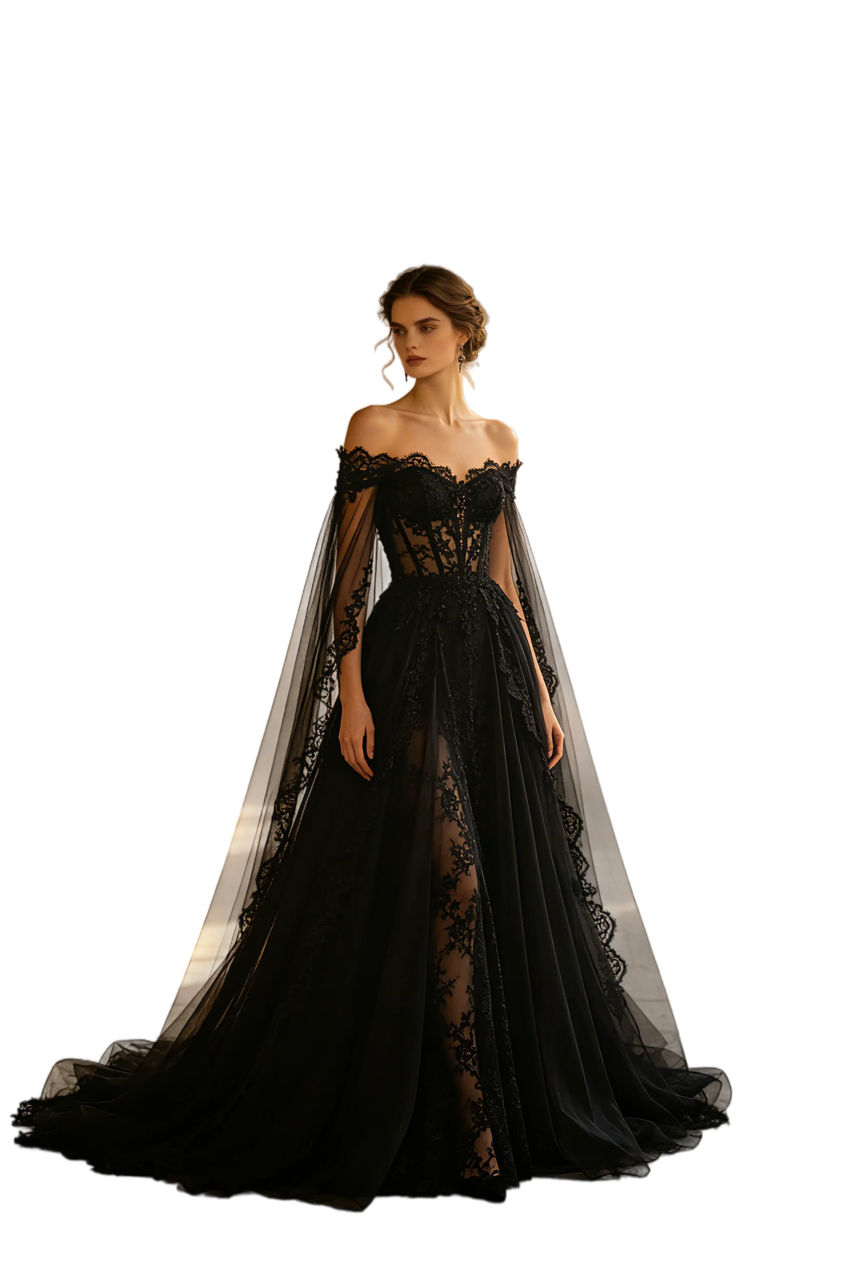 Enchanted Dark Black Satin Lace Wedding Dress Off Shoulder Sheer Sleeve Bridal Gown Customized