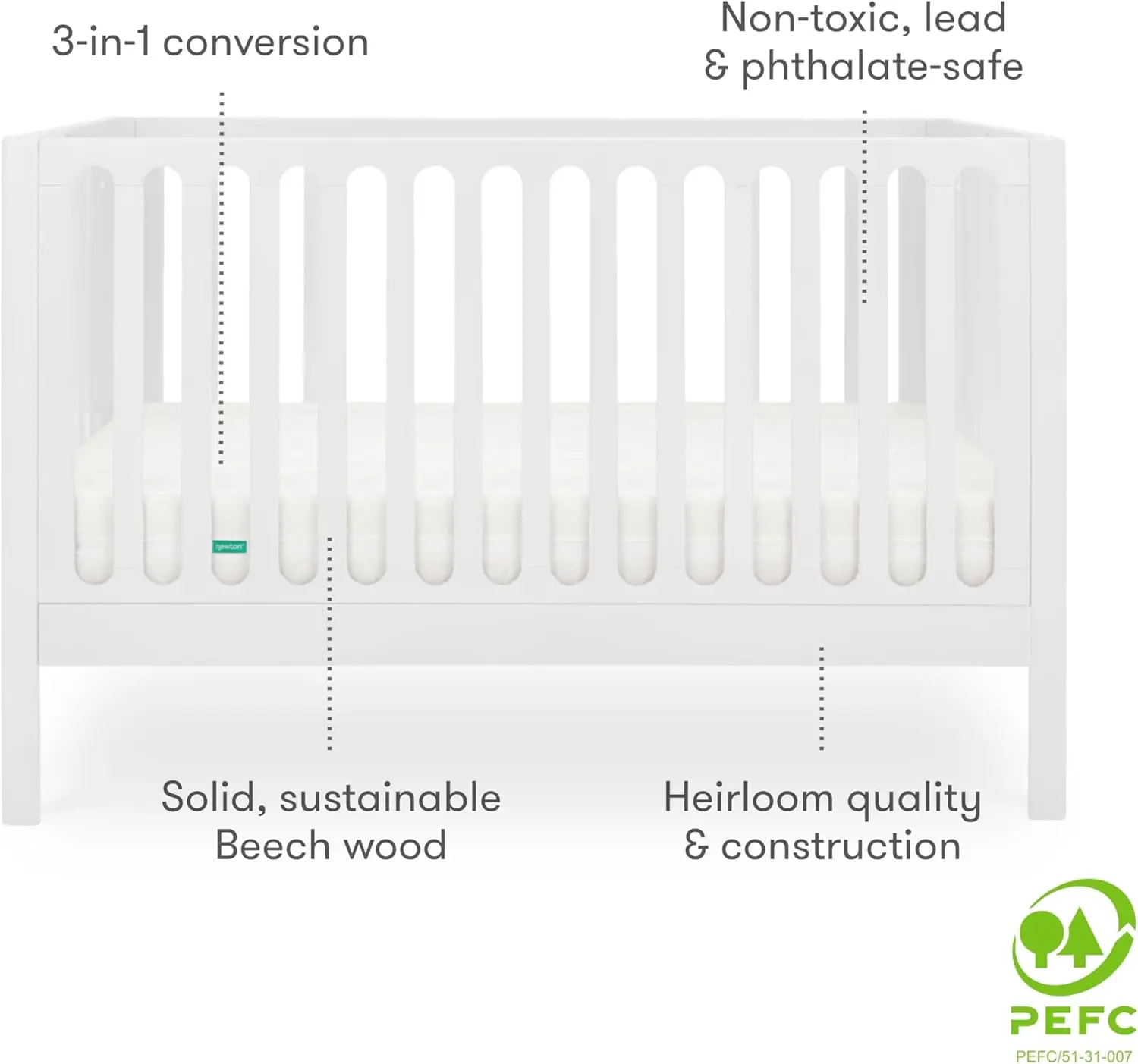 Standard Crib, Solid Beech Wood in White Color, 3-in-1 Convertible Crib with Toddler Bed Conversion Kit