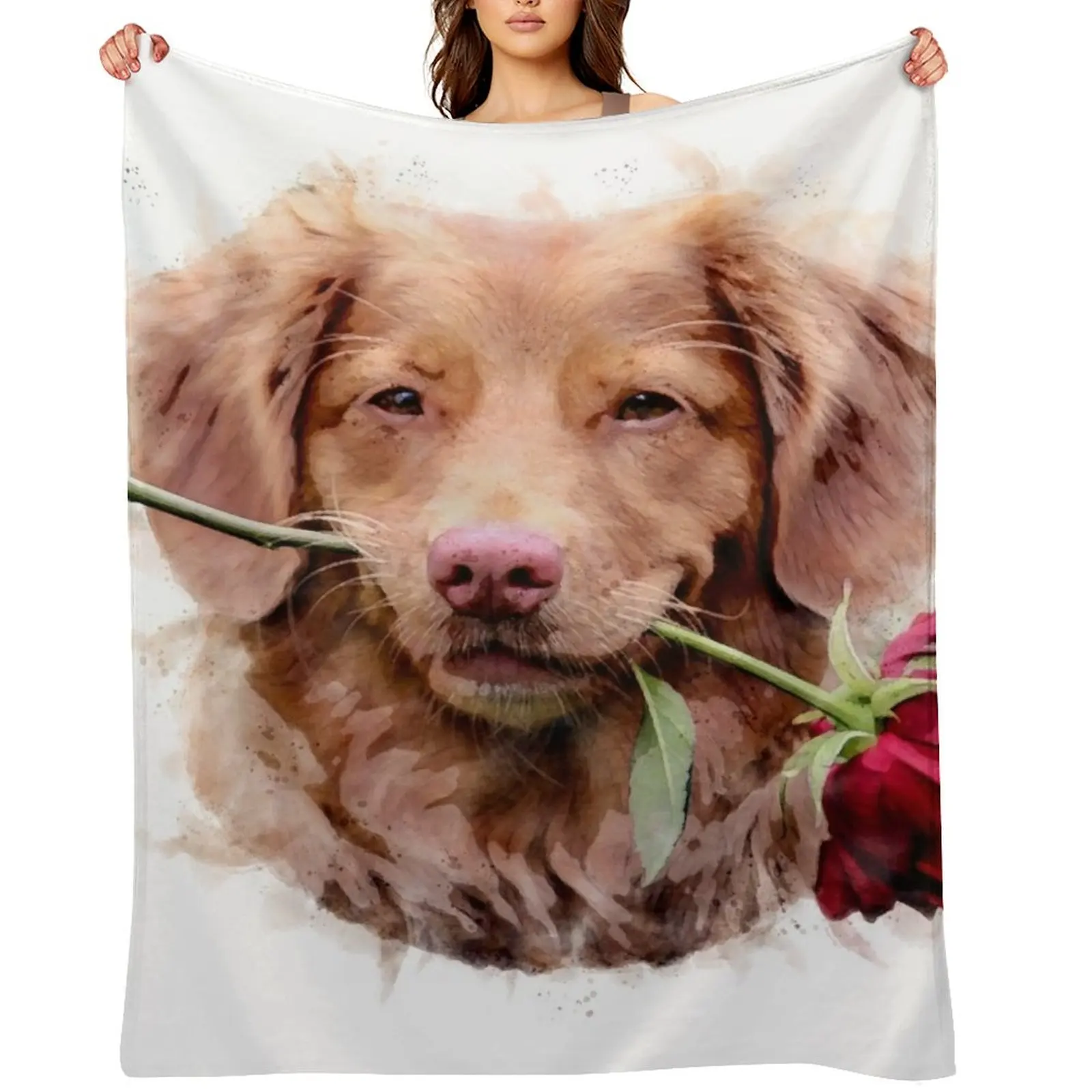 Nova Scotia Duck Tolling Retriever with rose Watercolour - Happy Valentine’s Day Throw Blanket Furrys Fashion Sofas Blankets