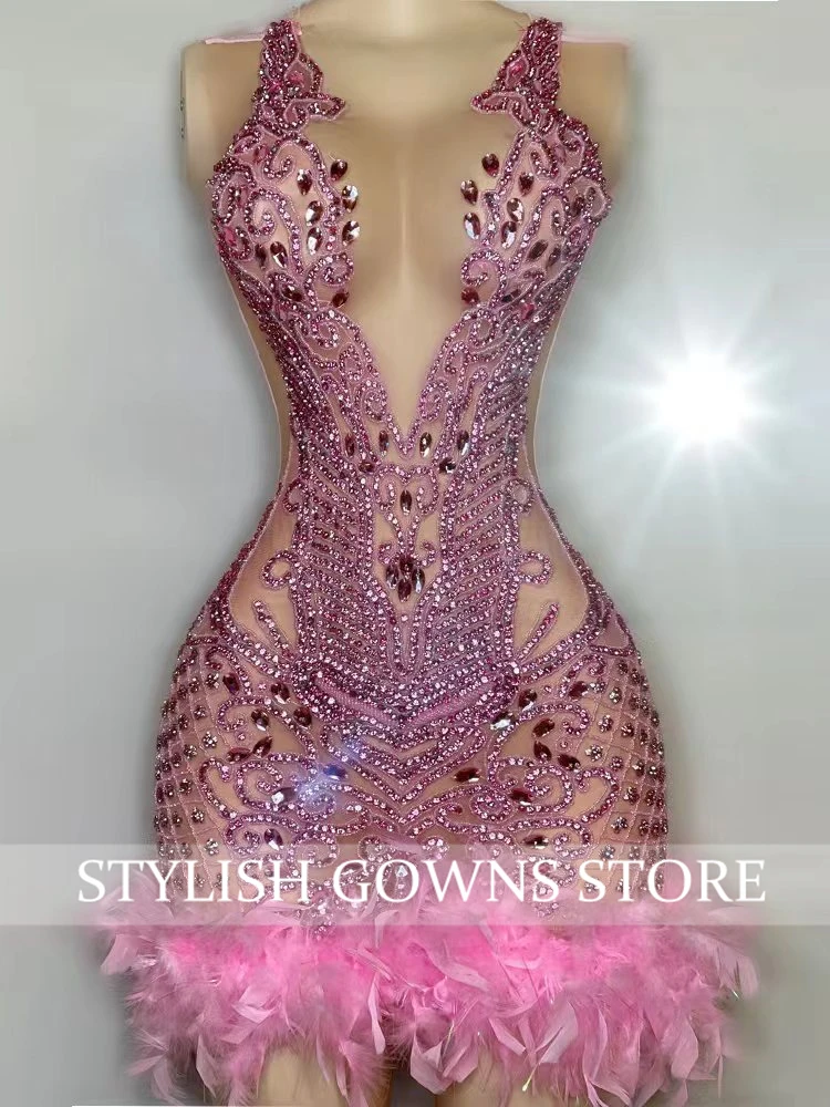 Sexy Sheer See Through Black Girl Short Prom Dress Pink Diamond Luxury Beaded Crystals Women Feathers Mini Cocktail Party Gowns