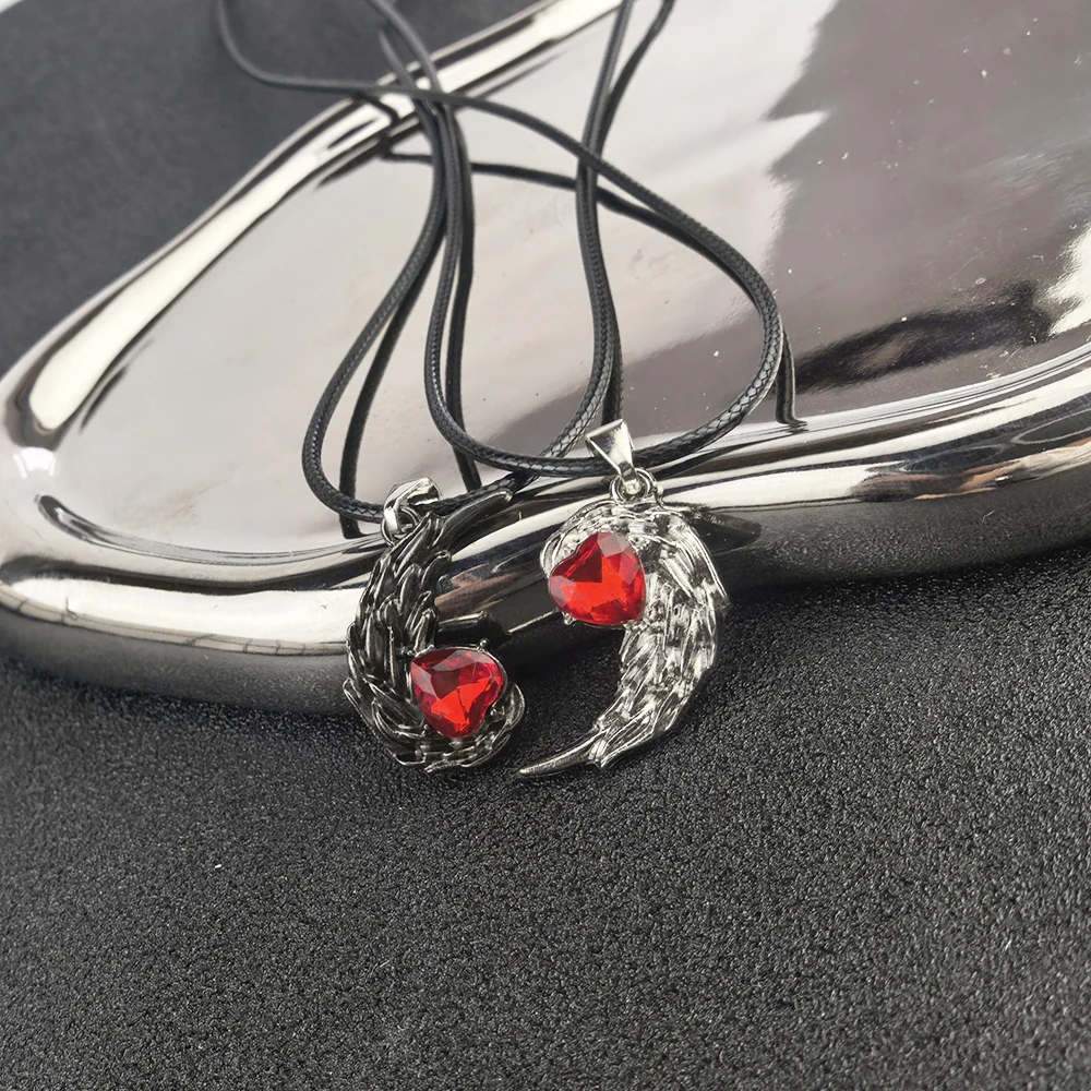 Couple Splicing Two Tone Clavicle Chain, Love Angel Devil Feather Wings Heart Shaped Pendant Necklace Valentine's Day Accessory
