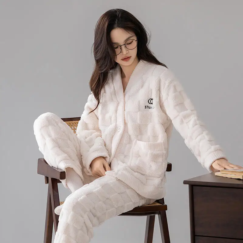 امرأة منامة دعوى فتاة الشتاء المرجان الصوف الحلو روب للنوم الدفء سترة جديدة Homewear الفانيلا ثوب النوم مجموعة بالجملة