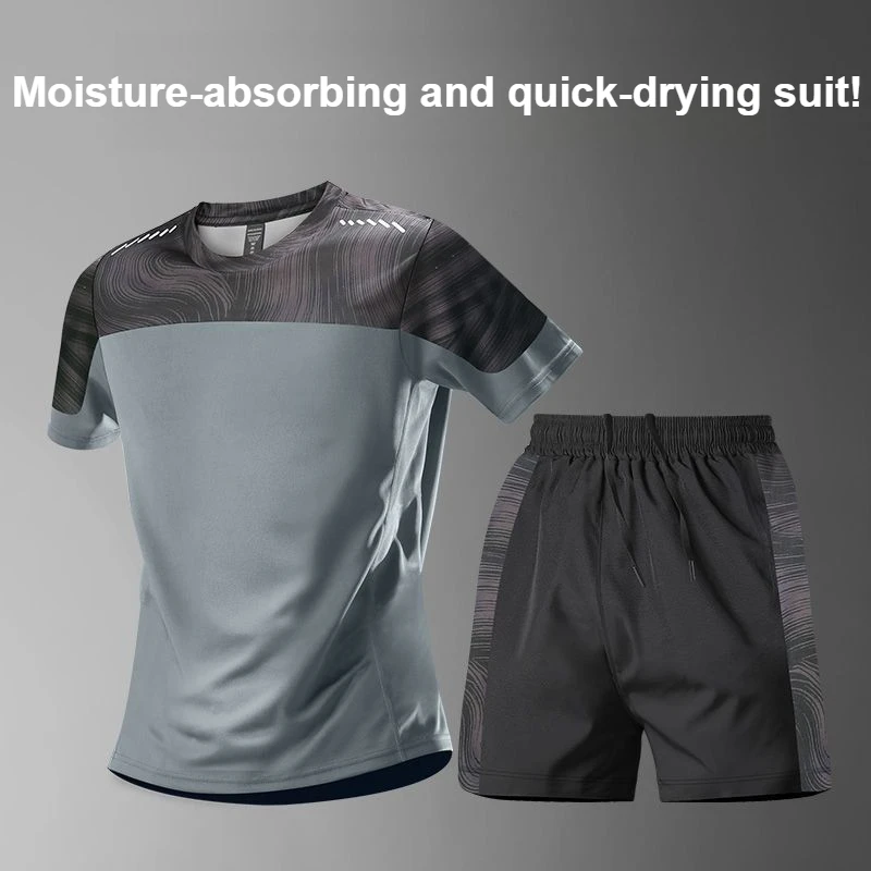 

Мужской летний быстросохнущий спортивный комплект для бега: футболка с короткими рукавами и тренировочные шорты — для фитнеса, бадминтона, бега