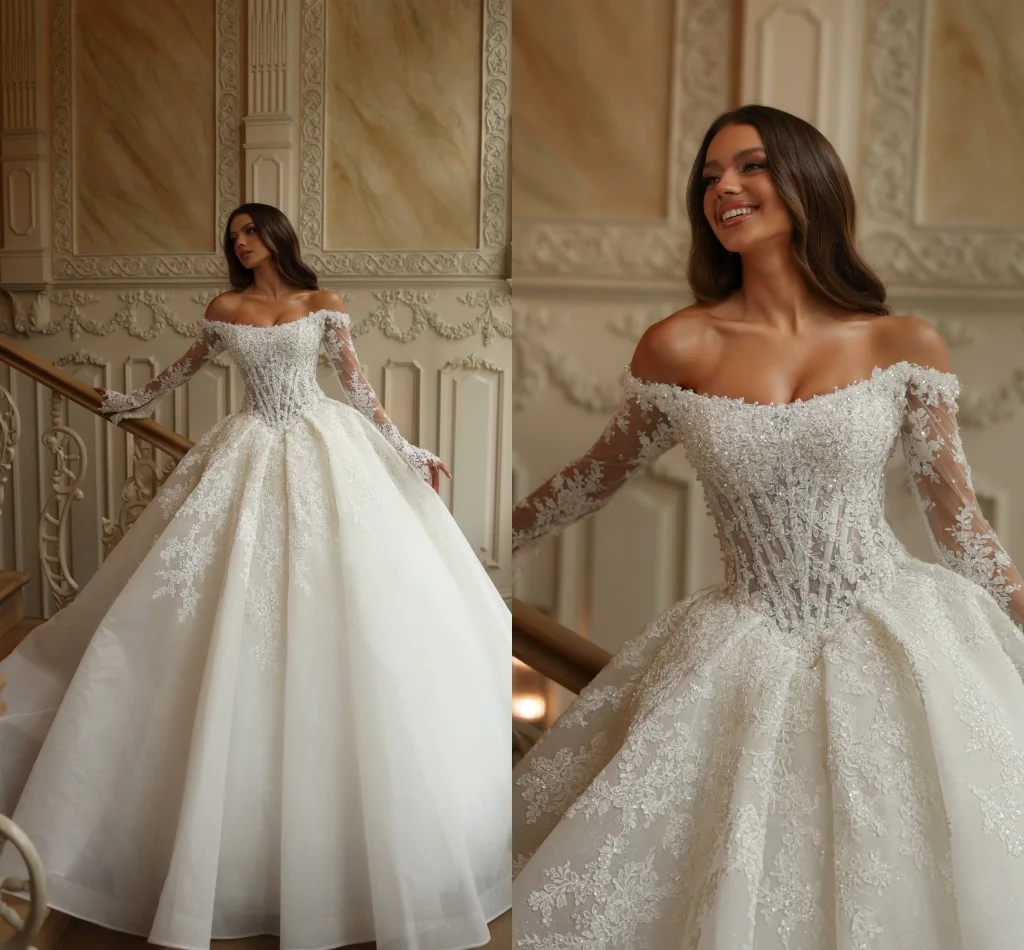 Customized Shiny Wedding Dresses Off-Shoulder Beading Crystal Sequins Pearls Bridal Gowns Sweep Train Vestido De Novia
