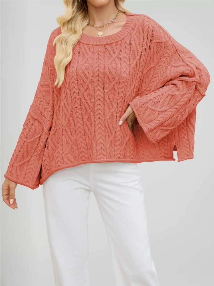 

2025 New Autumn and Winter Women Clothing European and American Crew Neck Twist Loose Solid Color Pullover Knitted Sweater