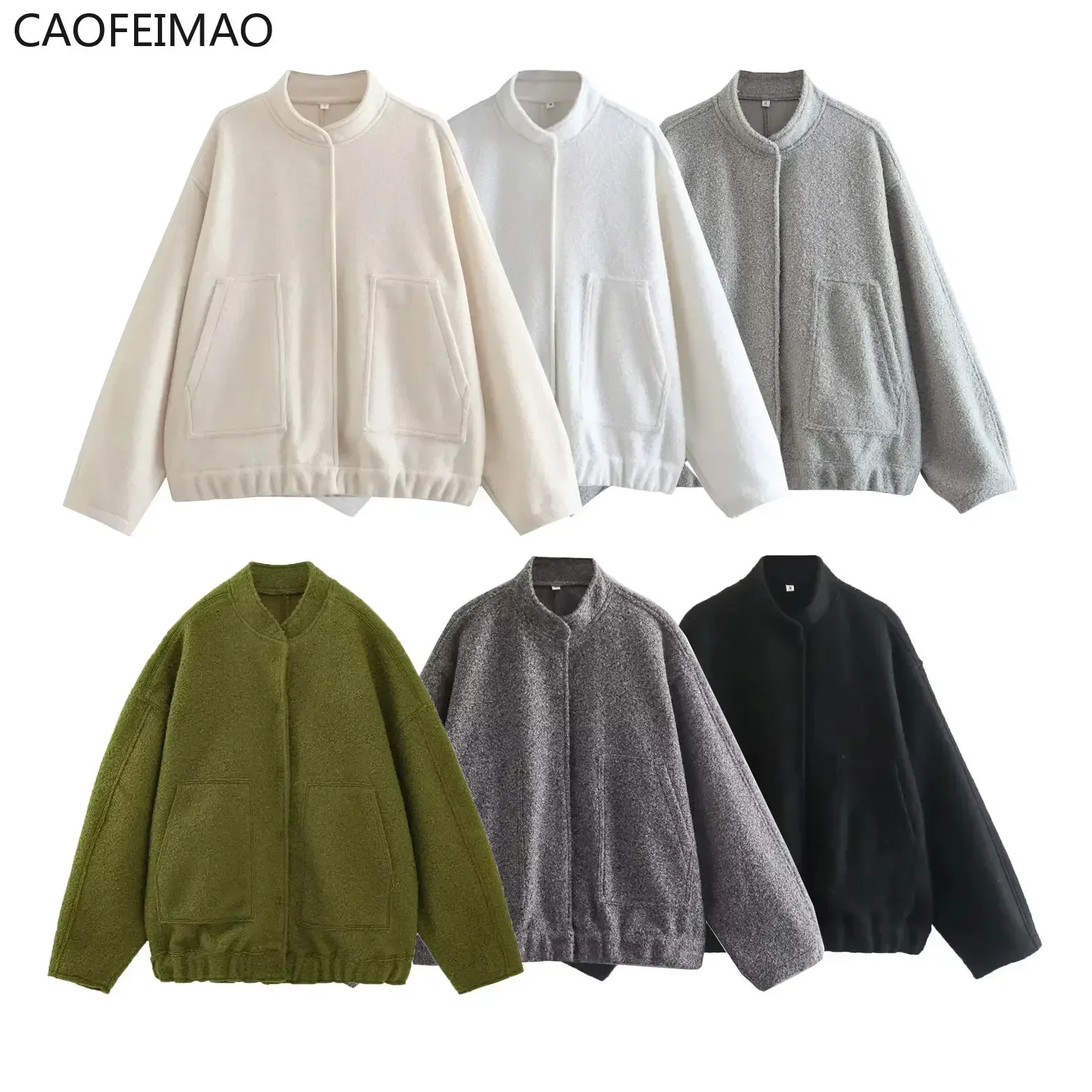 

2023 Caofeimao Women Fashion with Pockets Oversized Bomber Jacket Coat Vintage Long Sleeve Snap Button Women Jacket