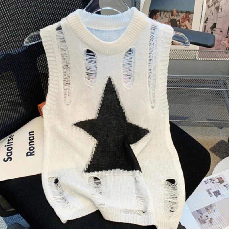 Fashion O-neck Sleeveless Women Y2k Sexy Hollpw Out Vest Summer Slim Fit Short Tank Top Hole Star Embroidery Knitted Top