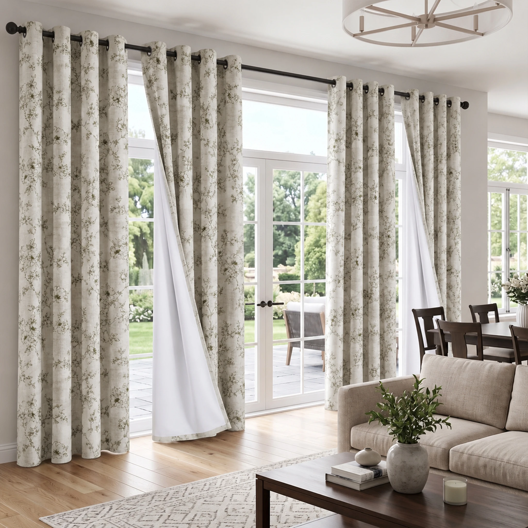 Botanical Green Floral Blackout Curtains 4 Panels Set, 100% Total Blackout Thermal Insulated Noise Reducing Drapes with White Coating Backing for Living Room Bedroom