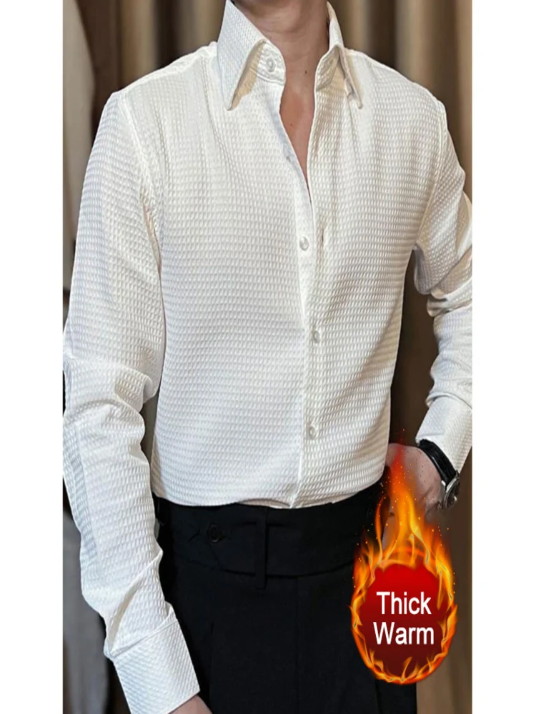 

Thicken Business Casual Dress Shirt Men Camisa Social Masculina Manga Longa Clothes 2024 Korean Waffle