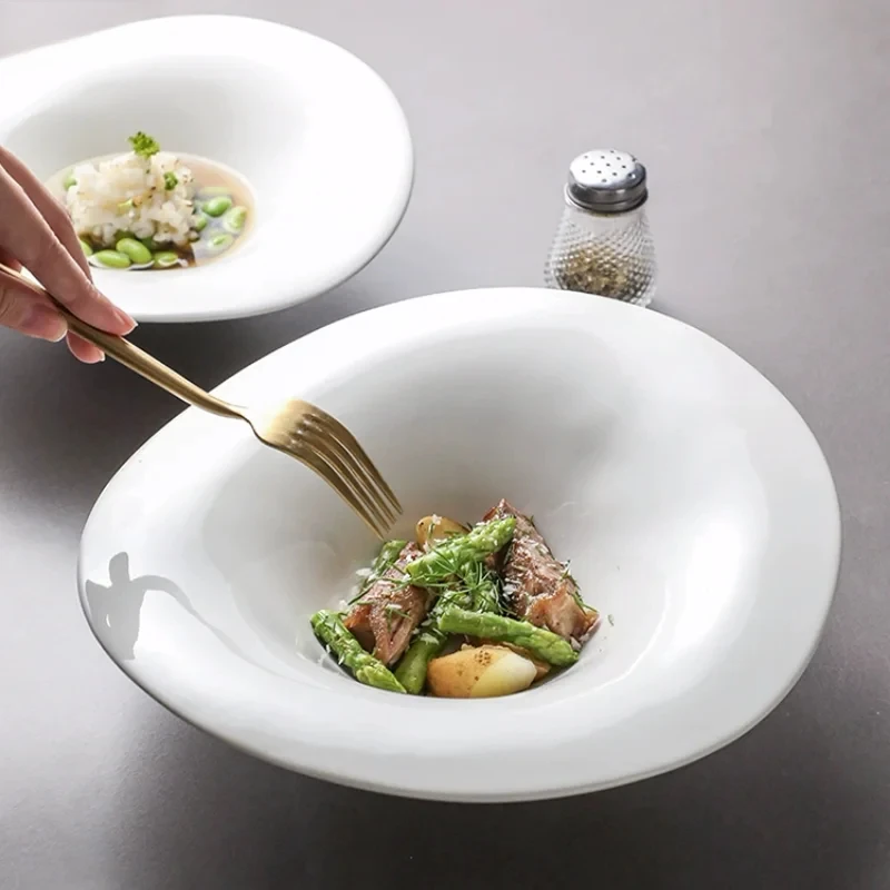 

Large Soup Plate Deep Dish Irregular Shaped Plate High-end Fruit Noodle Bowl White Tableware Ceramic