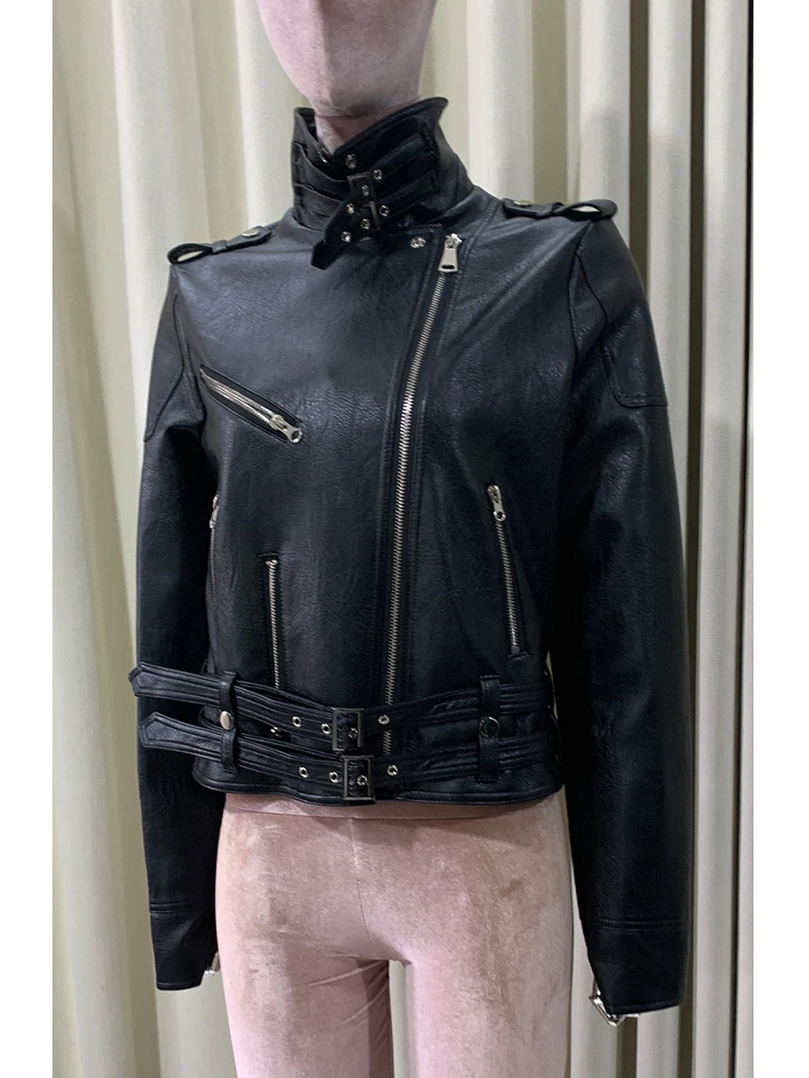 

Spring Autumn Cool Handsome Short Windproof Hard Black Pu Leather Moto & Biker Jacket Men Belt Runway European Fashion Clothes