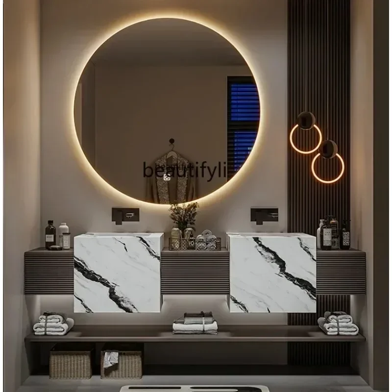 

Designer light luxury bathroom cabinet hotel wind washstand rock slab ceramic seamless integrated basin wash basin cabinet F56