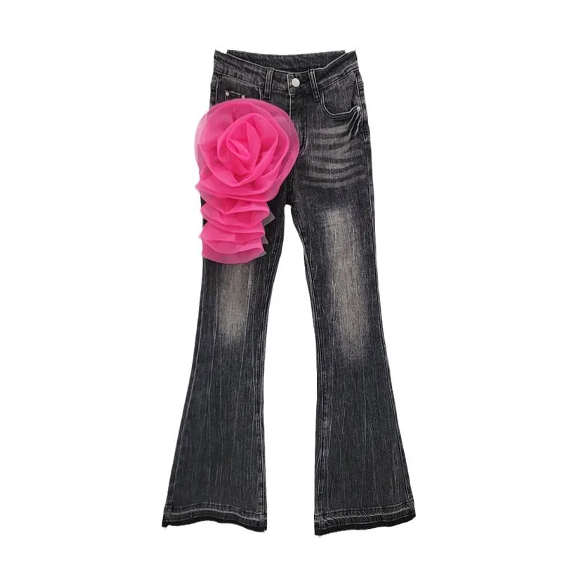 Retro Bloem Decoratieve High Street Licht Uitlopende Jeans Dames Herfst Hoge Taille Ontwerp Elastische Afslankende Hoefijzerbroek