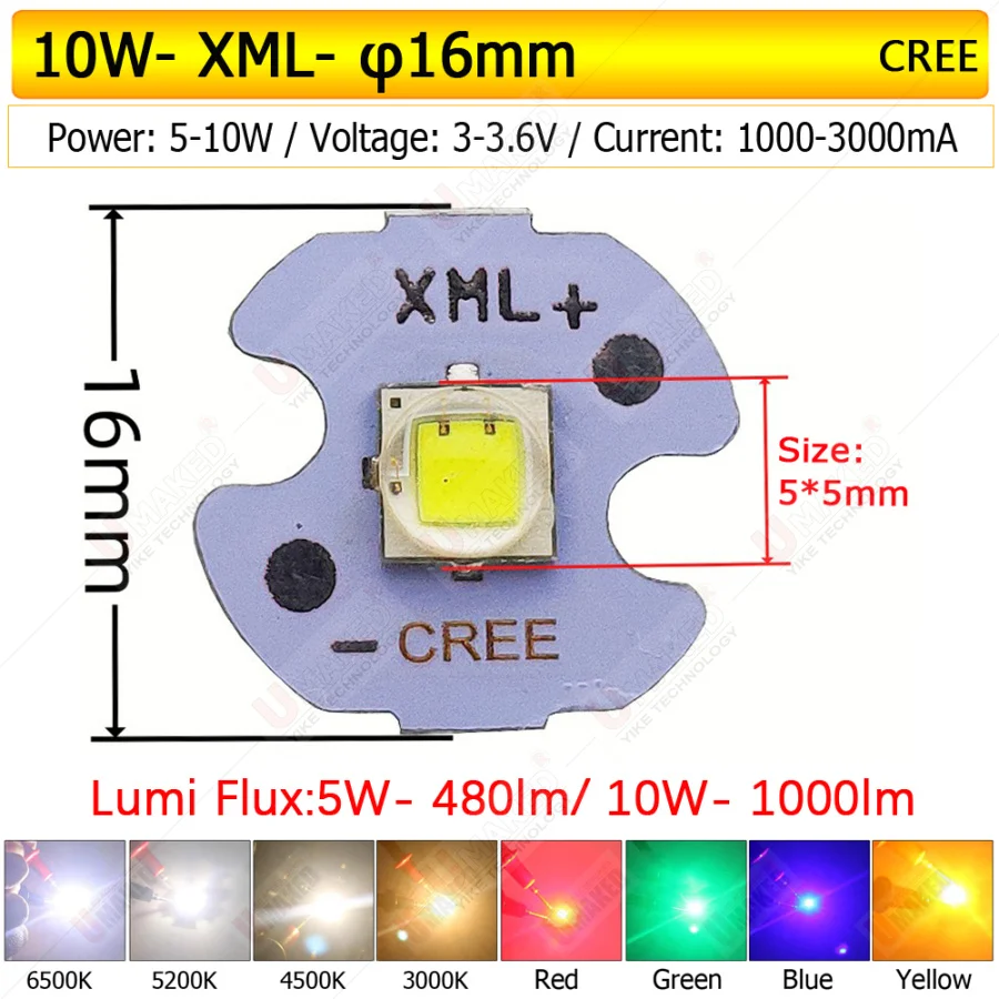 10W CREE XM-L2 LED light emitter diodes, WW/W/R/G/B/UV Light Power LED chip on 20mm 16mm PCB board Bead For Bicycle/Head lamp