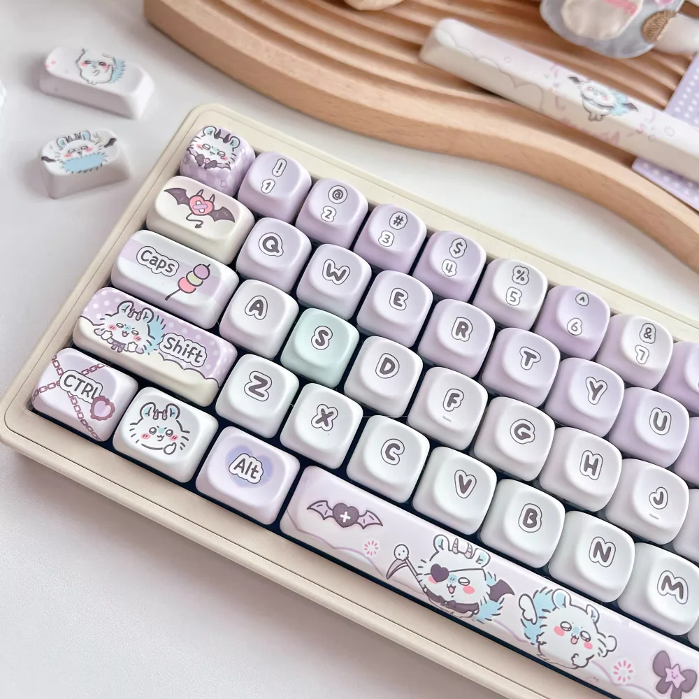 Cute Demon Mouse Keycaps - PBT DMA OEM Height for 61/87/104 Keyboards (Mokaka Cartoon Theme)