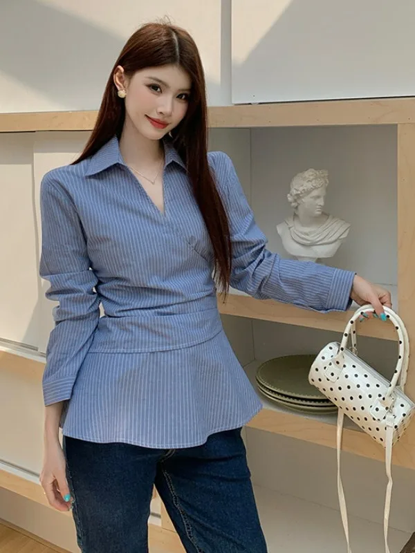 

Blue Striped V-Neck Shoulder Shirt Women's plus Size Waist-Cinched Asymmetrical Spring 2026 New Style Korean Fashion